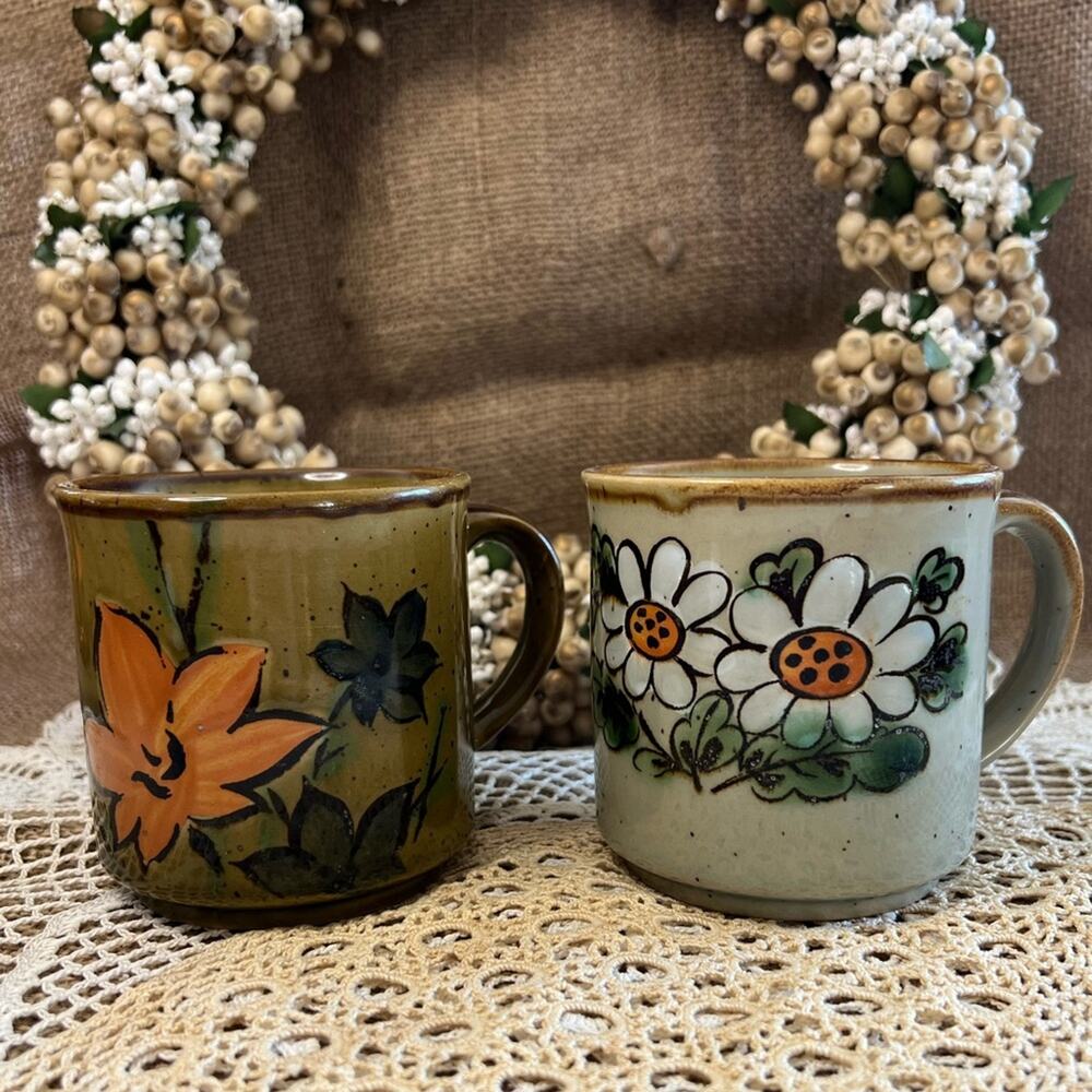 2 floral vintage stoneware mugs